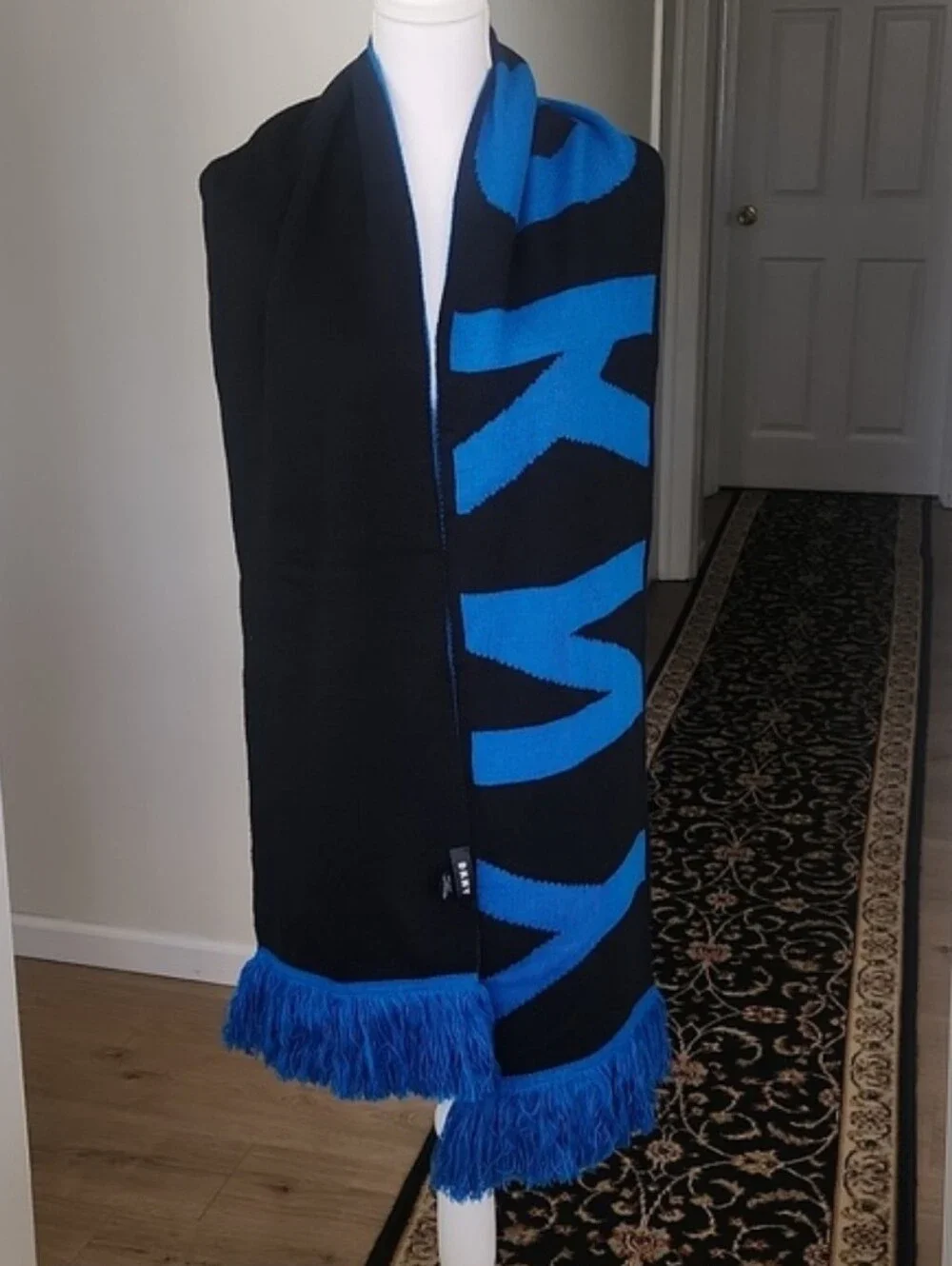 DKNY Womens BOLD Logo Fringe Scarf Wrap Black Blue One Size